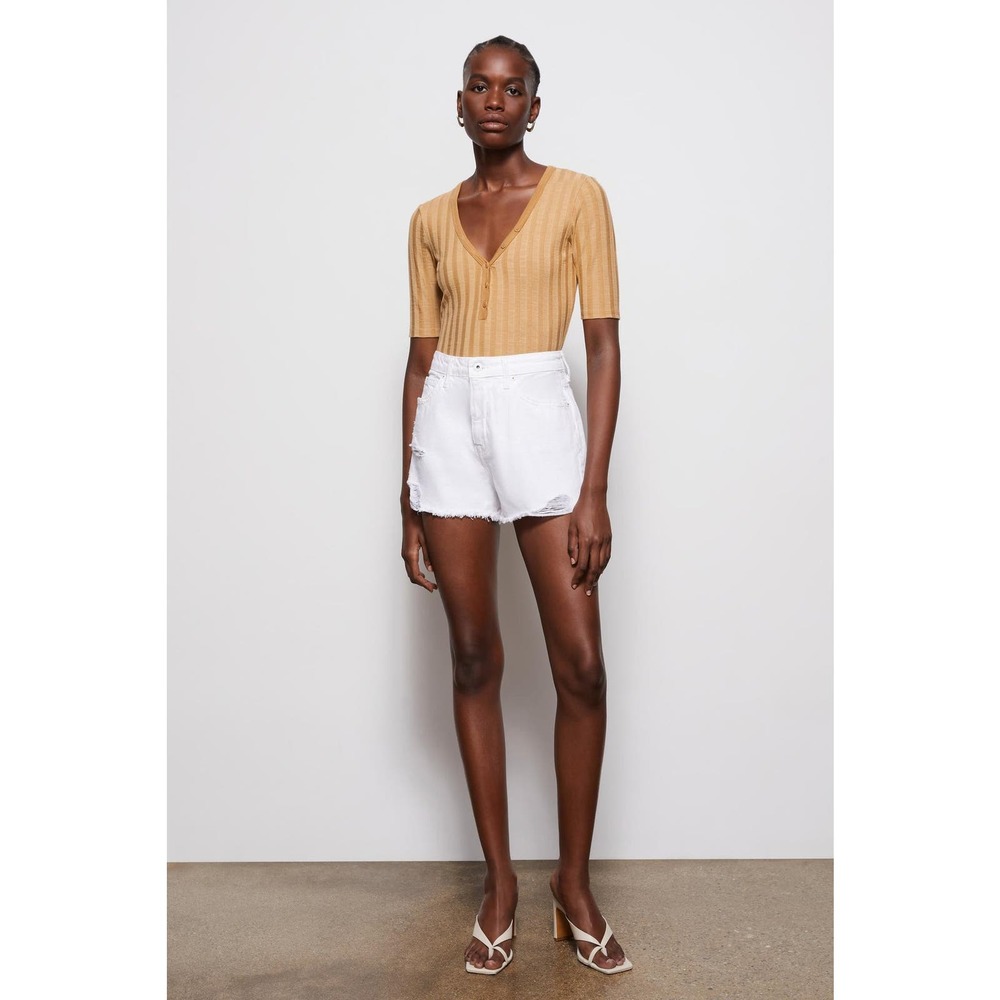 JONATHAN SIMKAHI Connie Rib Knit BodySuit Women XS Camel Tan Short Sleeve Henley